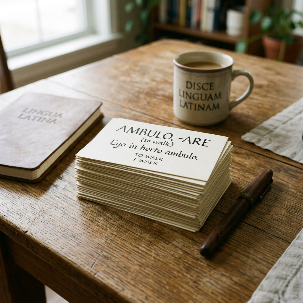 Stack of Latin flashcards with vocabulary and example sentence on wooden table alongside a coffee mug and notebook